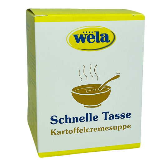Wela Schnelle Tasse Kartoffelcremesuppe - Ein gelber Karton mit weißem Etikett und Aufschrift.