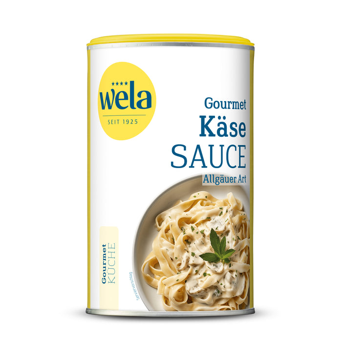 Wela Käsesauce Allgäuer Art - Dose mit gelb-weißem Vorderseitenetikett, Motiv eines Pastagerichts mit heller Sauce.