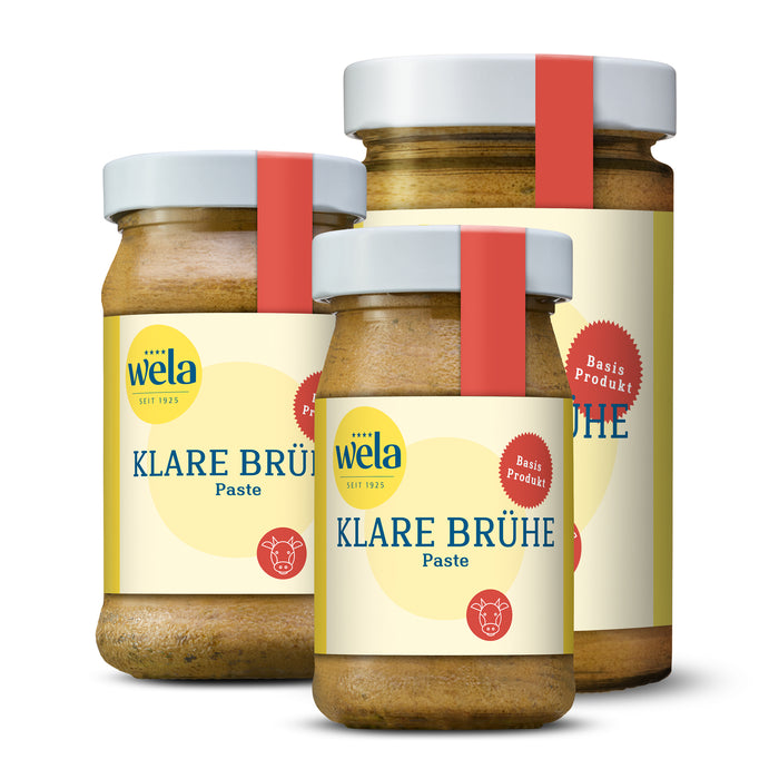 Wela Klare Brühe Paste, Basisprodukt, drei Gläser in verschiedenen Größen
