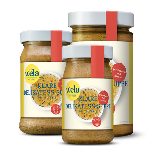 Wela Klare Delikatess-Suppe Feine Paste, drei Gläser in verschiedenen Größen