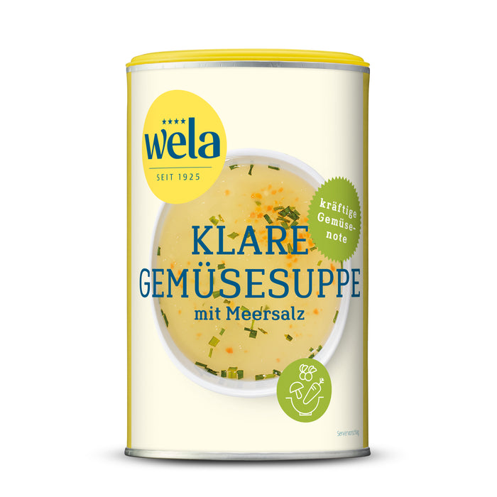 Wela Klare Gemüsesuppe mit Meersalz gekörnt - Dose mit gelb-weißem Vorderseitenetikett, Motiv einer Brühe.