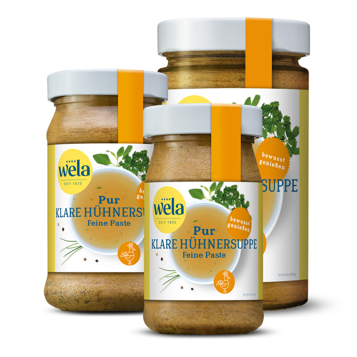 Wela Klare Hühnersuppe Pur Feine Paste, drei Gläser in verschiedenen Größen