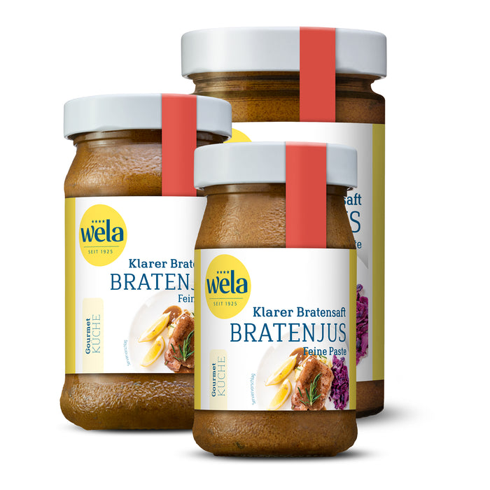 Wela Klarer Bratensaft Bratenjus Feine Paste, drei Gläser in verschiedenen Größen