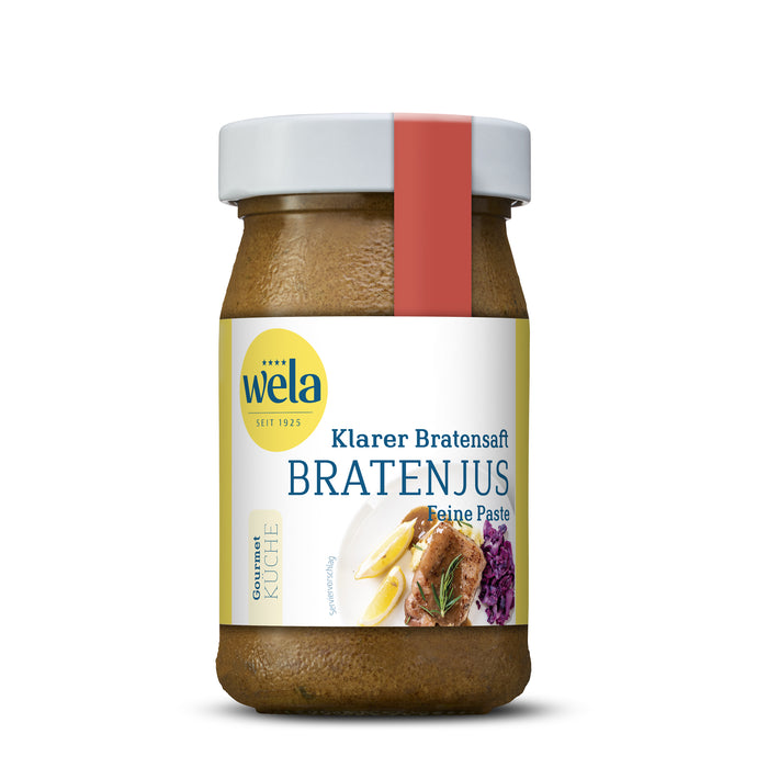 Wela Klarer Bratensaft Bratenjus feine Paste - kleines Glas mit brauner Saucenpaste, gelb-weißem Vorderseitenetikett, rote Banderole, Motiv mit Tellergericht.