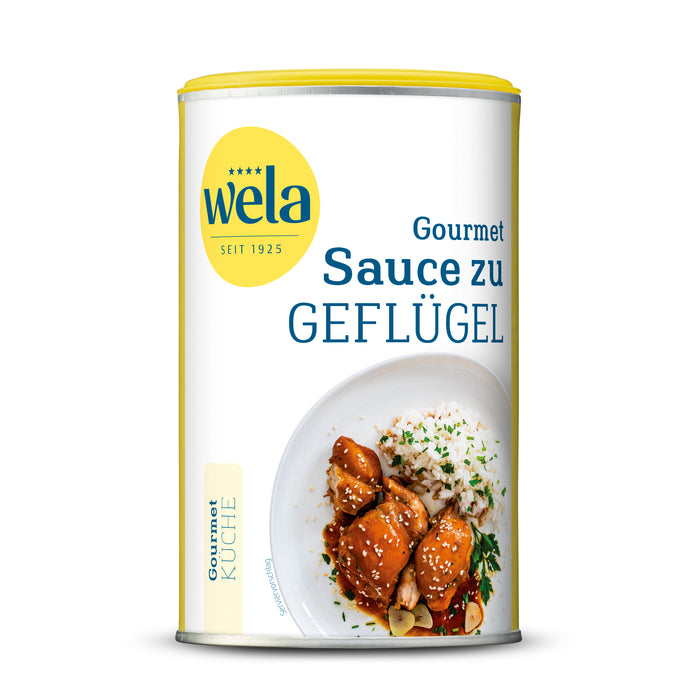 Wela Sauce zu Geflügel Gourmet - Dose mit gelb-weißem Vorderseitenetikett, Motiv eines Geflügelgerichts.