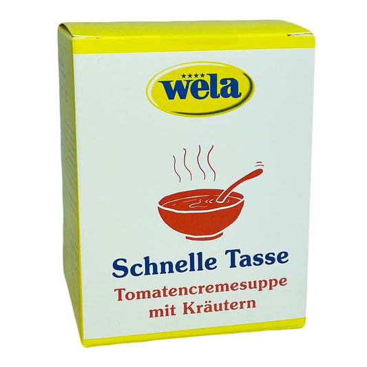 Wela Schnelle Tasse Tomatencremesuppe - Ein gelber Karton mit weißem Etikett und Aufschrift.