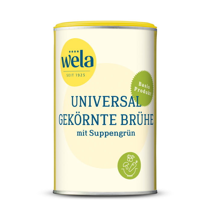 Wela Universal gekörnte Brühe - Dose mit gelb-weißem Vorderseitenetikett.