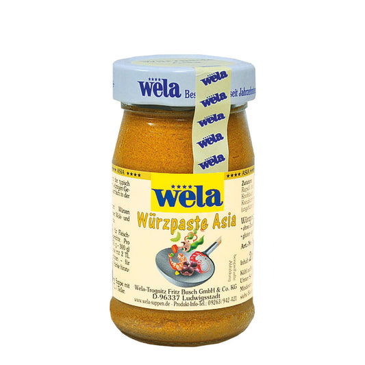 Wela Würzpaste Asia - ein kleines Glas mit gelber Würzpaste, Etikett mit Illustration und weißer Banderole.