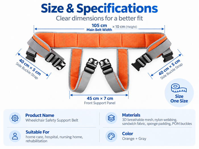 Wheelchair safety support belt size guide with 105 cm main belt, 45 x 7 cm front support panel and 40 x 5 cm side buckle straps