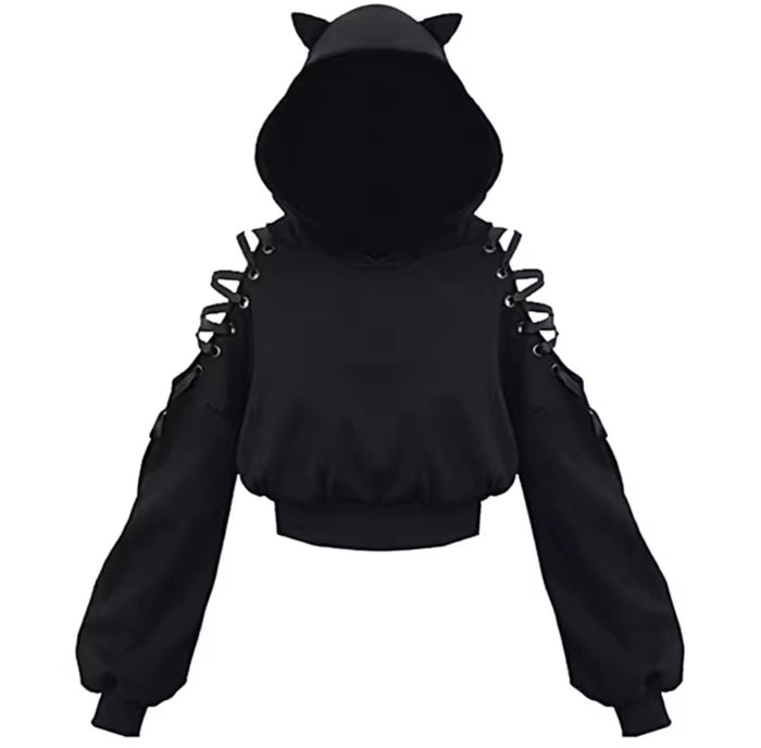 Womens Hoodie Cat Ear Crop Top Hooded Sweatshirt Hollow Out Lace Up Long Sleeve