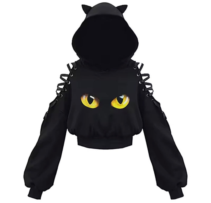 Womens Hoodie Cat Ear Crop Top Hooded Sweatshirt Hollow Out Lace Up Long Sleeve