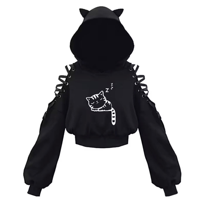 Womens Hoodie Cat Ear Crop Top Hooded Sweatshirt Hollow Out Lace Up Long Sleeve