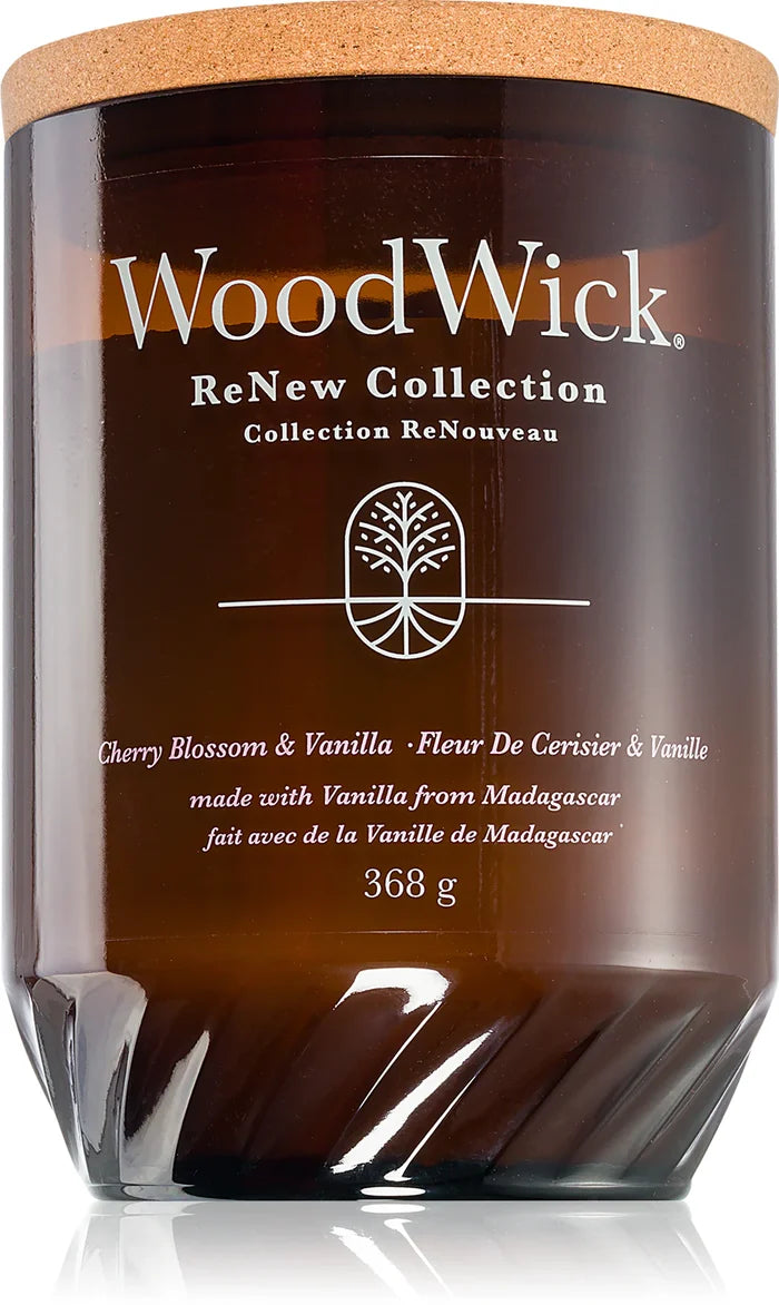 Woodwick Cherry Blossom & Vanilla scented candle with wooden wick, 386g, showcasing the elegant glass container and burning wick.