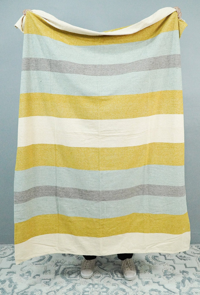 Woven Mint Green, Ivory and Yellow Cotton Throw Blanket - The Rug Decor